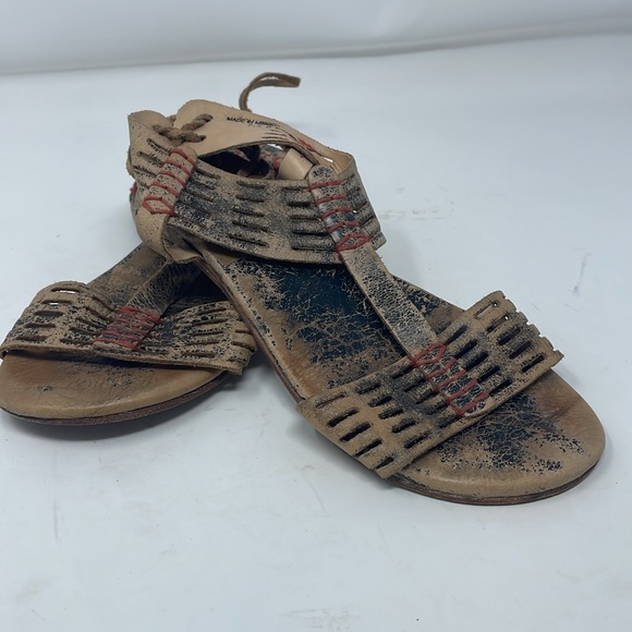 Bed Stu Tan Distressed Lace Up Back Flat Sandals Size 7.5 - Picture 2 of 10